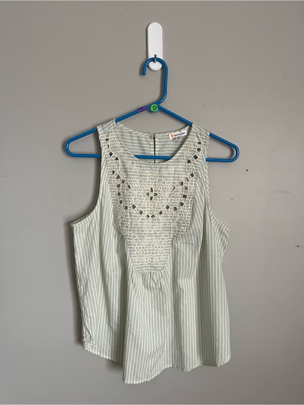EYESHADOW Light Green Striped Sleeveless Tank with Crochet Yoke Sz M